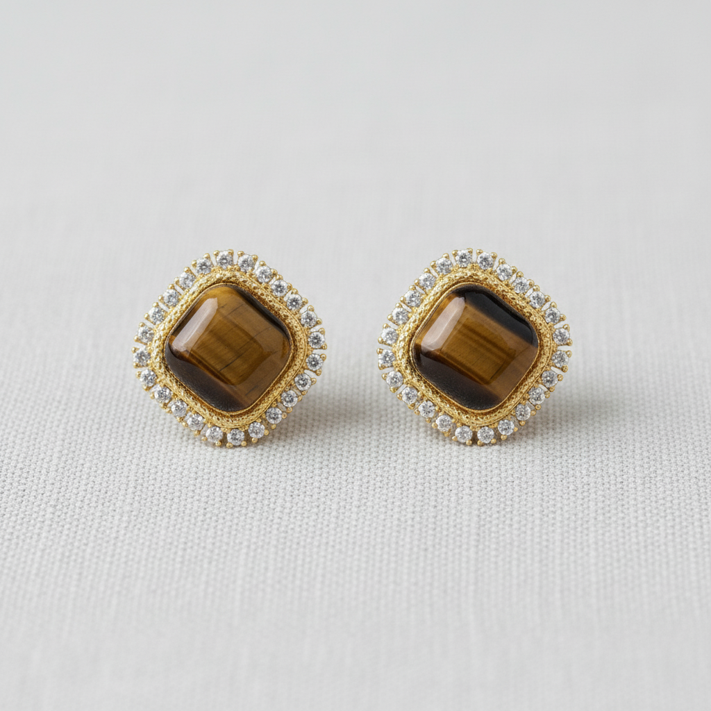 Retro Square Tiger's Eye Stud Earrings