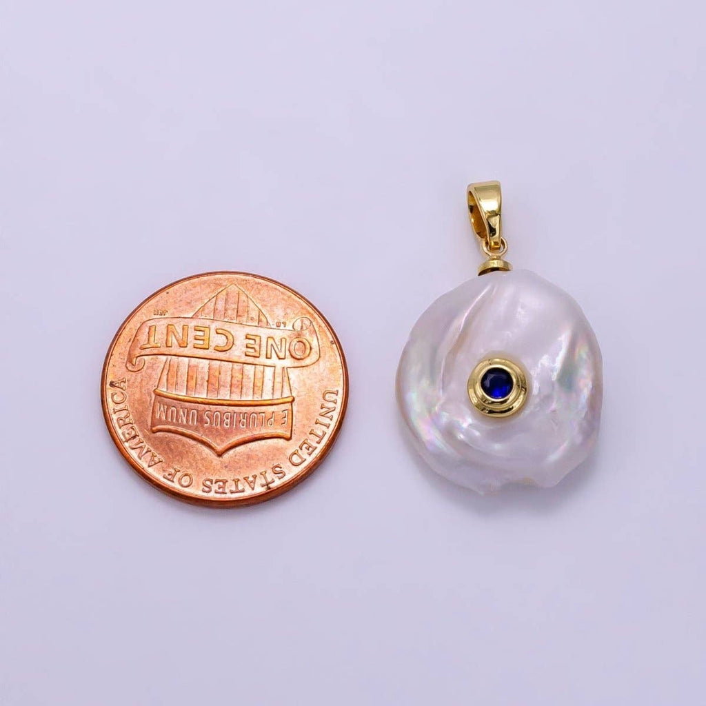 14K Gold Filled 25mm Blue, Clear CZ Keshi Freshwater Pearl Pendant | P1740