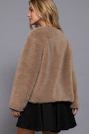 Long Sleeve Crew Neck with Toggle Look Button Fluffy Jacket