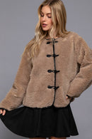 Long Sleeve Crew Neck with Toggle Look Button Fluffy Jacket