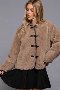 Long Sleeve Crew Neck with Toggle Look Button Fluffy Jacket