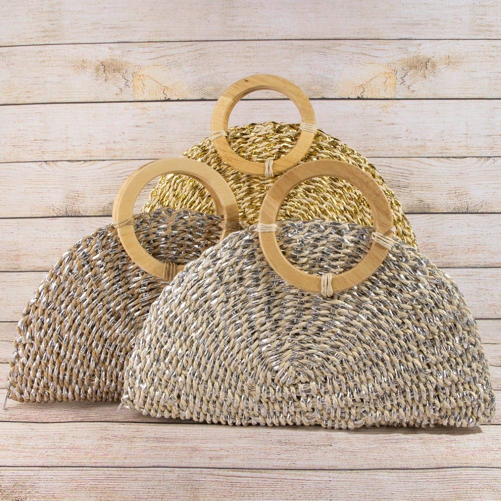 Metallic Straw Woven Half Moon Round Handle Bag