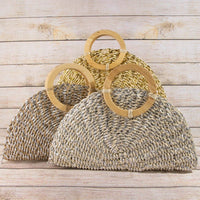 Metallic Straw Woven Half Moon Round Handle Bag