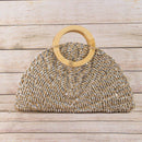 Metallic Straw Woven Half Moon Round Handle Bag