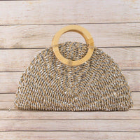 Metallic Straw Woven Half Moon Round Handle Bag