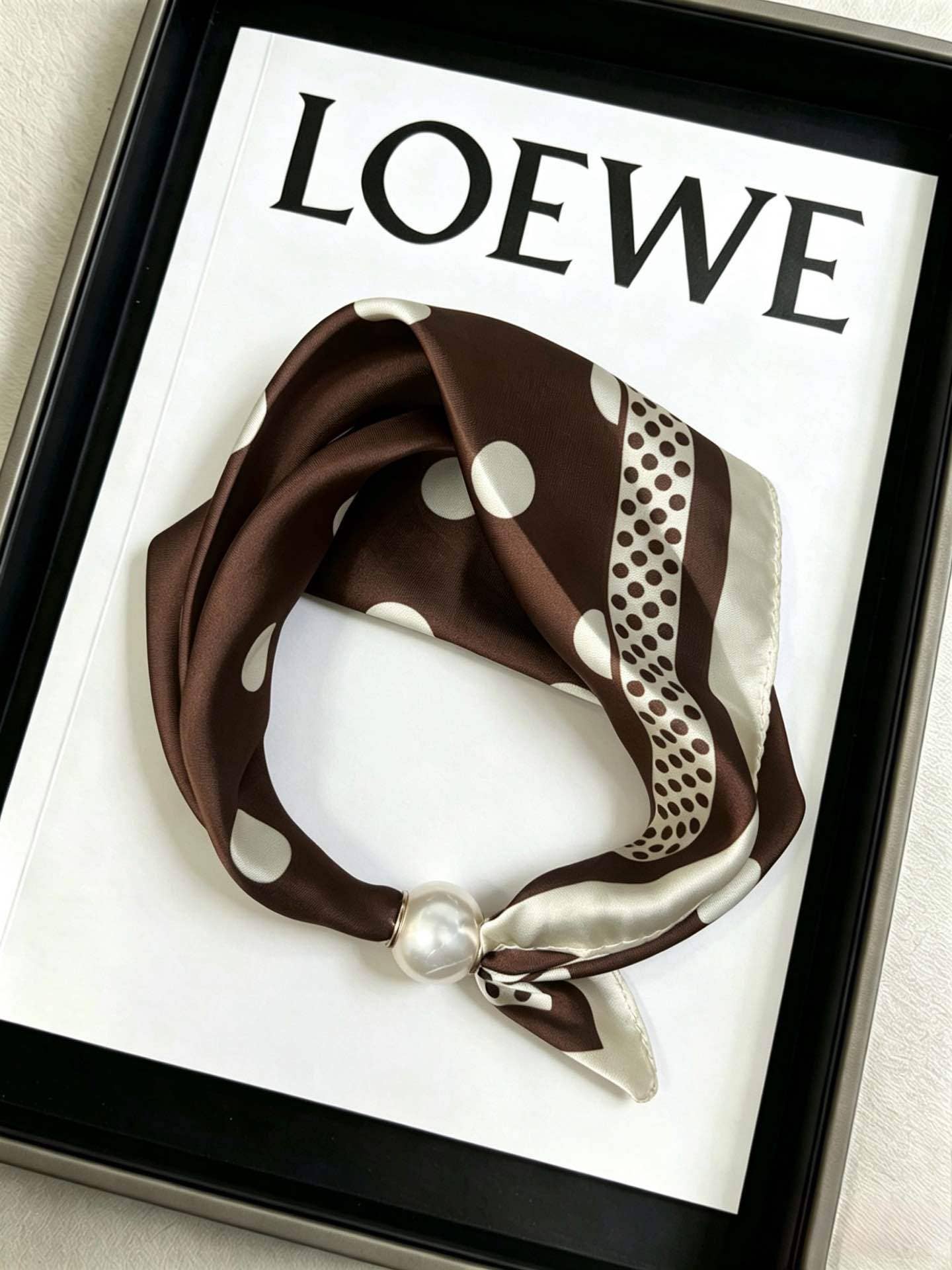 Brown Polka Dot Satin Scarf with Pearl