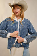 Western Embroidery Puff Sleeve Denim Jacket