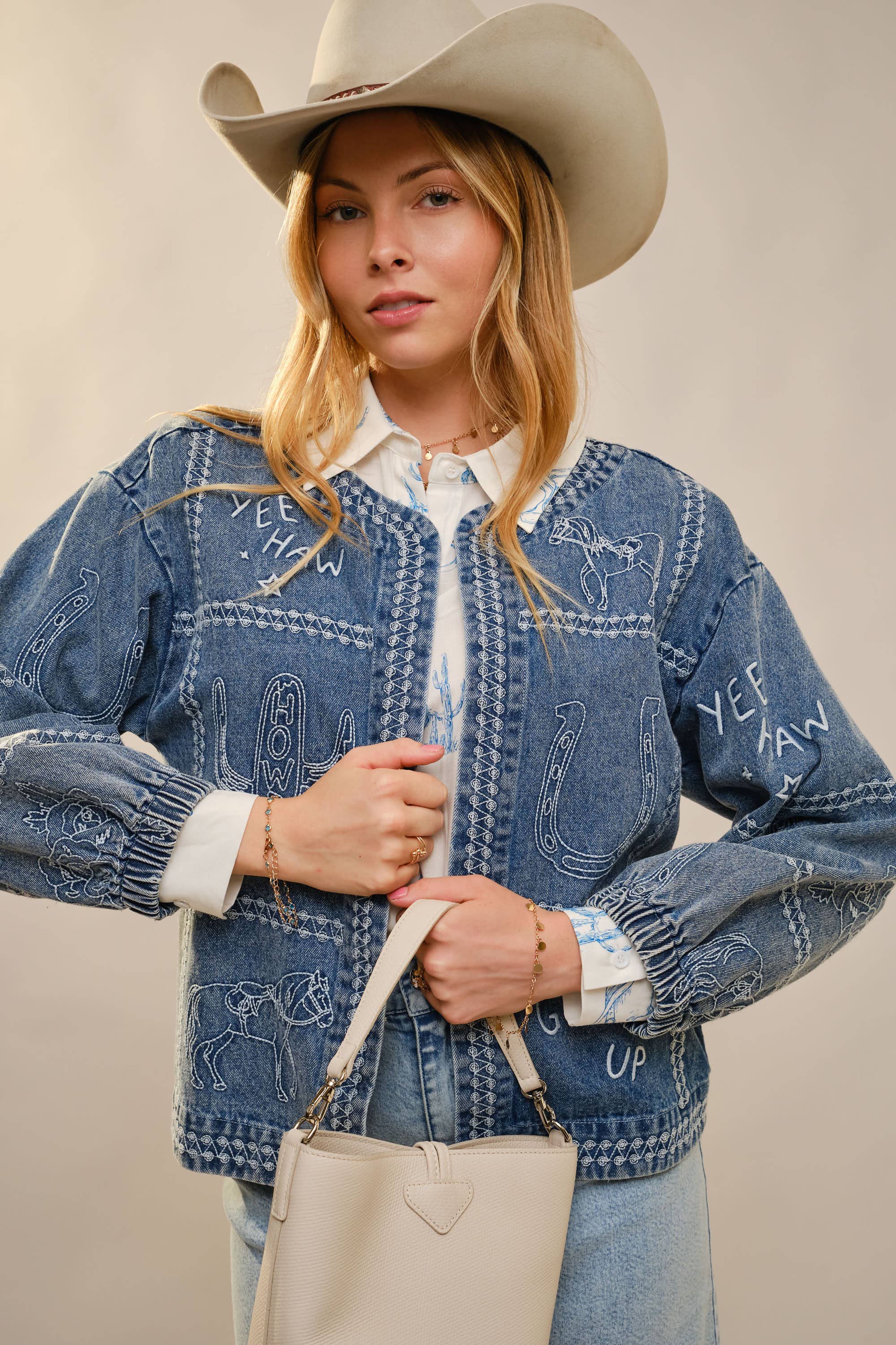 Western Embroidery Puff Sleeve Denim Jacket