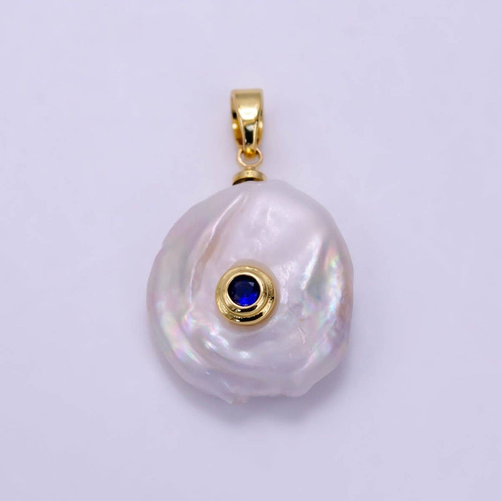 14K Gold Filled 25mm Blue, Clear CZ Keshi Freshwater Pearl Pendant | P1740