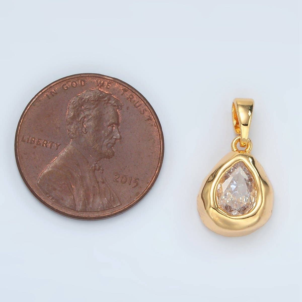24K Gold Filled Clear CZ Teardrop Hammered Bezel Pendant