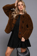 Long Sleeve Crew Neck with Toggle Look Button Fluffy Jacket