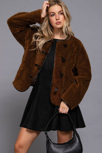 Long Sleeve Crew Neck with Toggle Look Button Fluffy Jacket