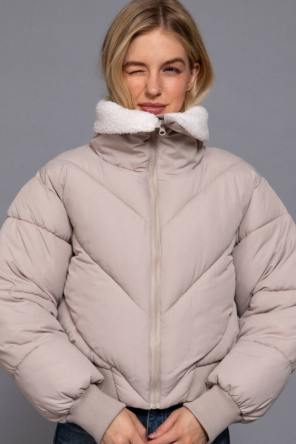 Long Sleeve Sherpa Collar Puffer Jacket