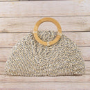 Metallic Straw Woven Half Moon Round Handle Bag