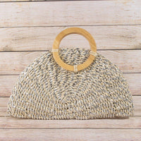 Metallic Straw Woven Half Moon Round Handle Bag