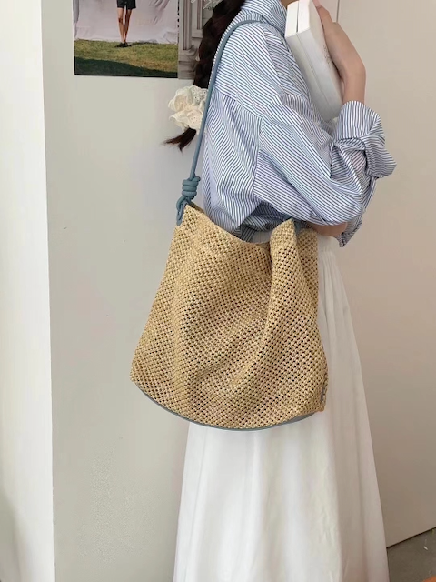 Faux Leather Strap Straw Tote Shoulder Bag