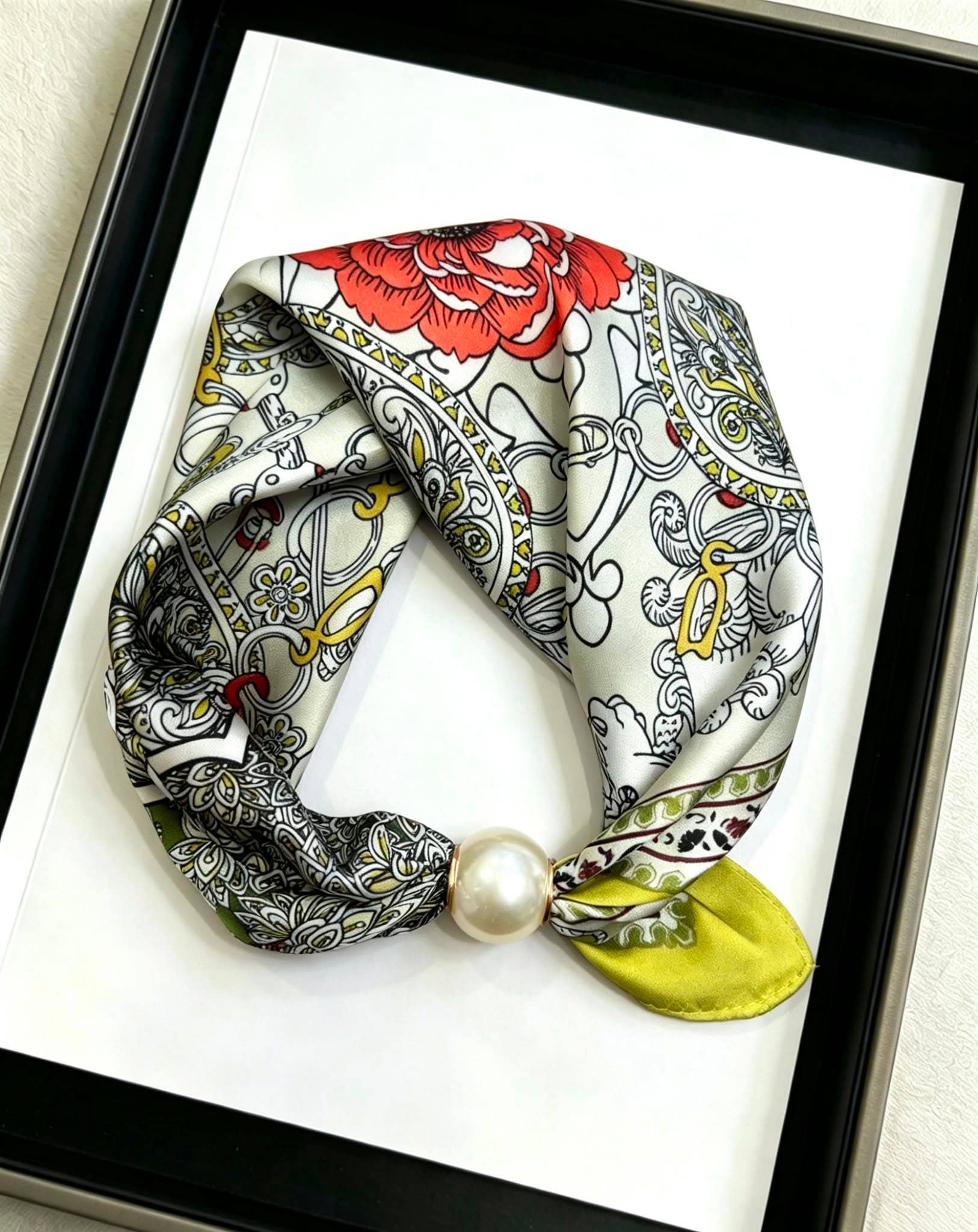Silk Scarf with Green Accent and Pearl