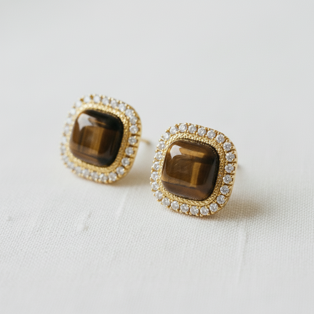 Retro Square Tiger's Eye Stud Earrings