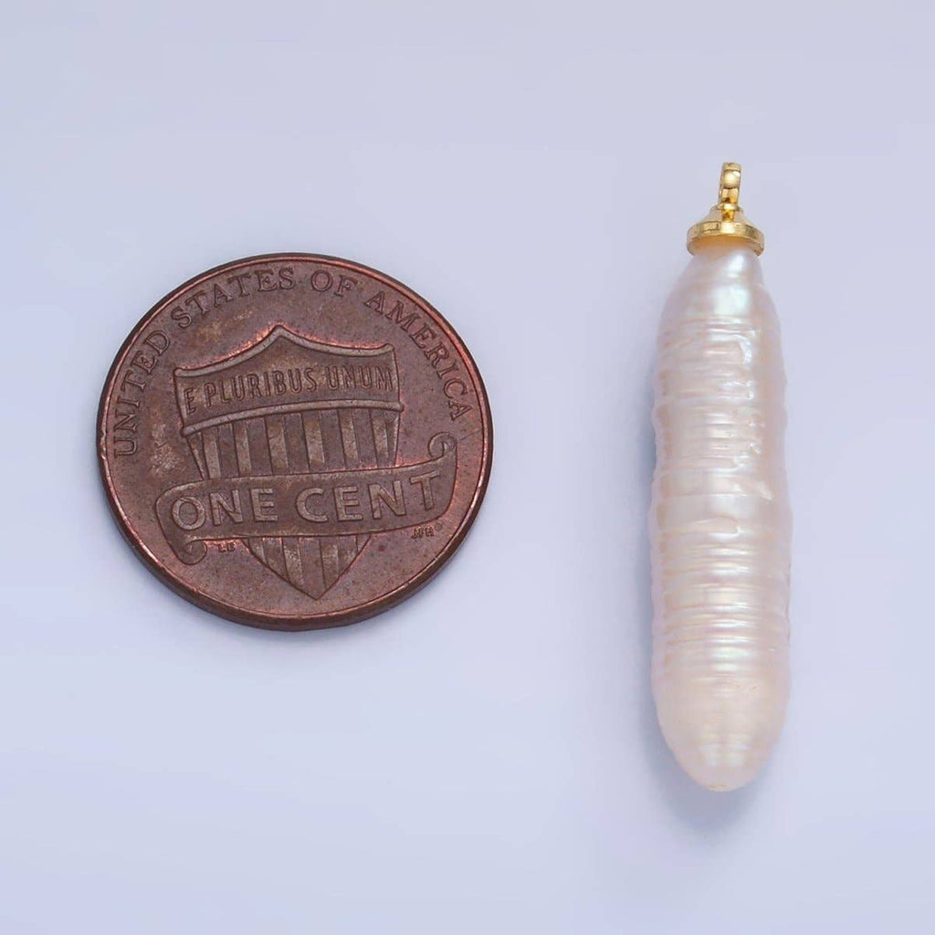 24K Gold Filled 30mm Biwa White Freshwater Pearl Charm | P1939