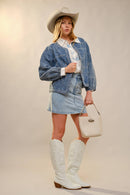 Western Embroidery Puff Sleeve Denim Jacket