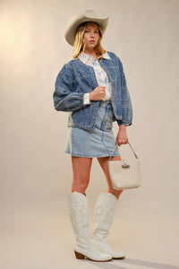 Western Embroidery Puff Sleeve Denim Jacket
