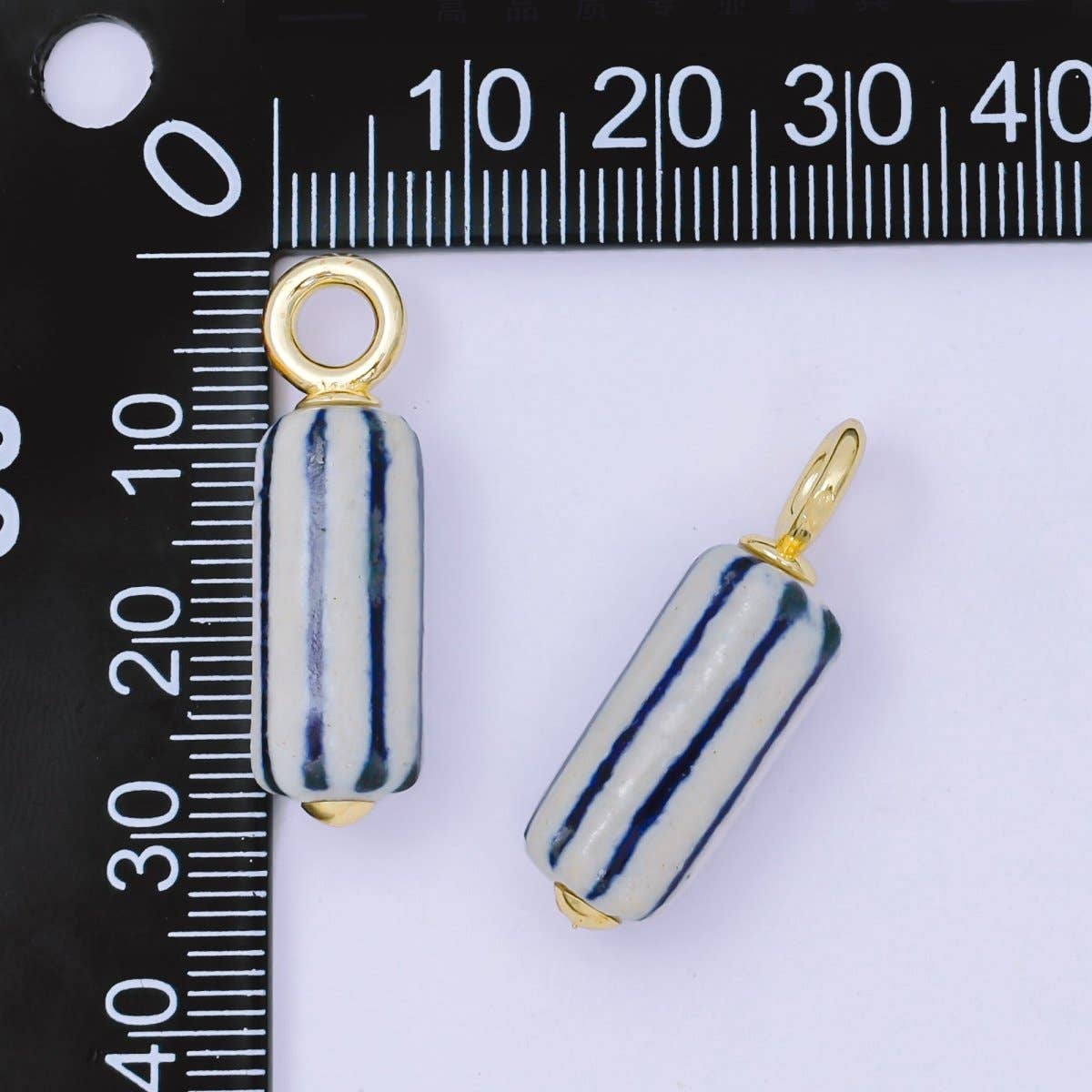24K Gold Filled 28.5mm Blue-White Linear Cylinder Porcelain Drop Charm