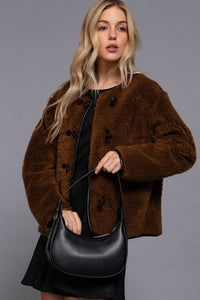 Long Sleeve Crew Neck with Toggle Look Button Fluffy Jacket