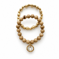 Marbled Bead Stretch Bracelet with Coin Charm and Organic Gold Bracelet Set