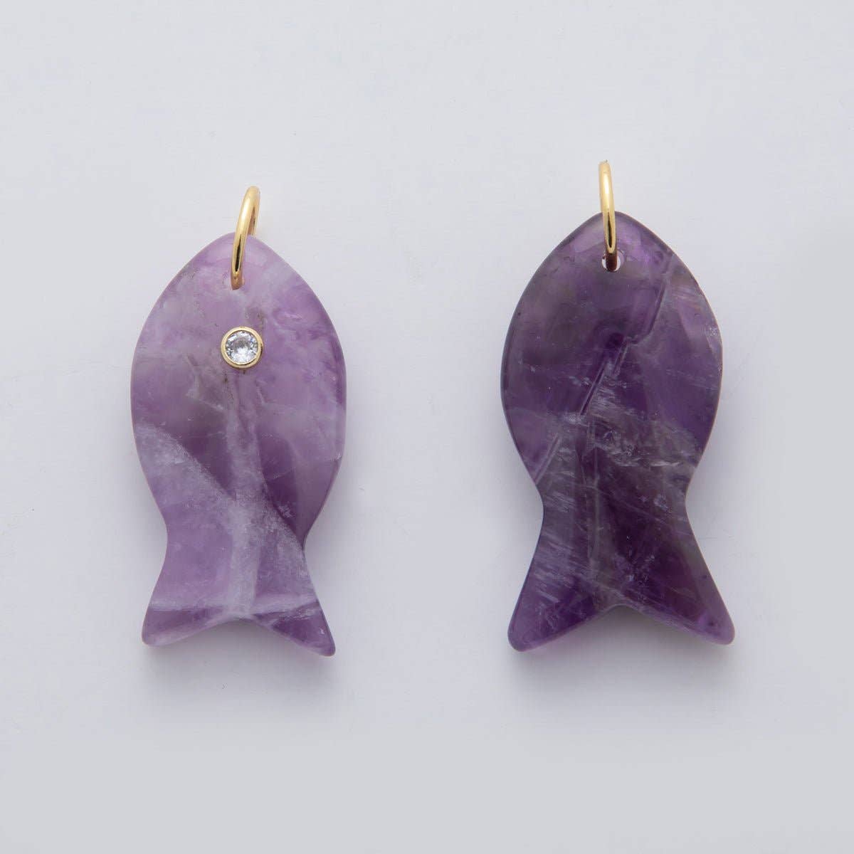 18K Gold Filled 38.8mm Clear CZ Natural Gemstone Fish Charm