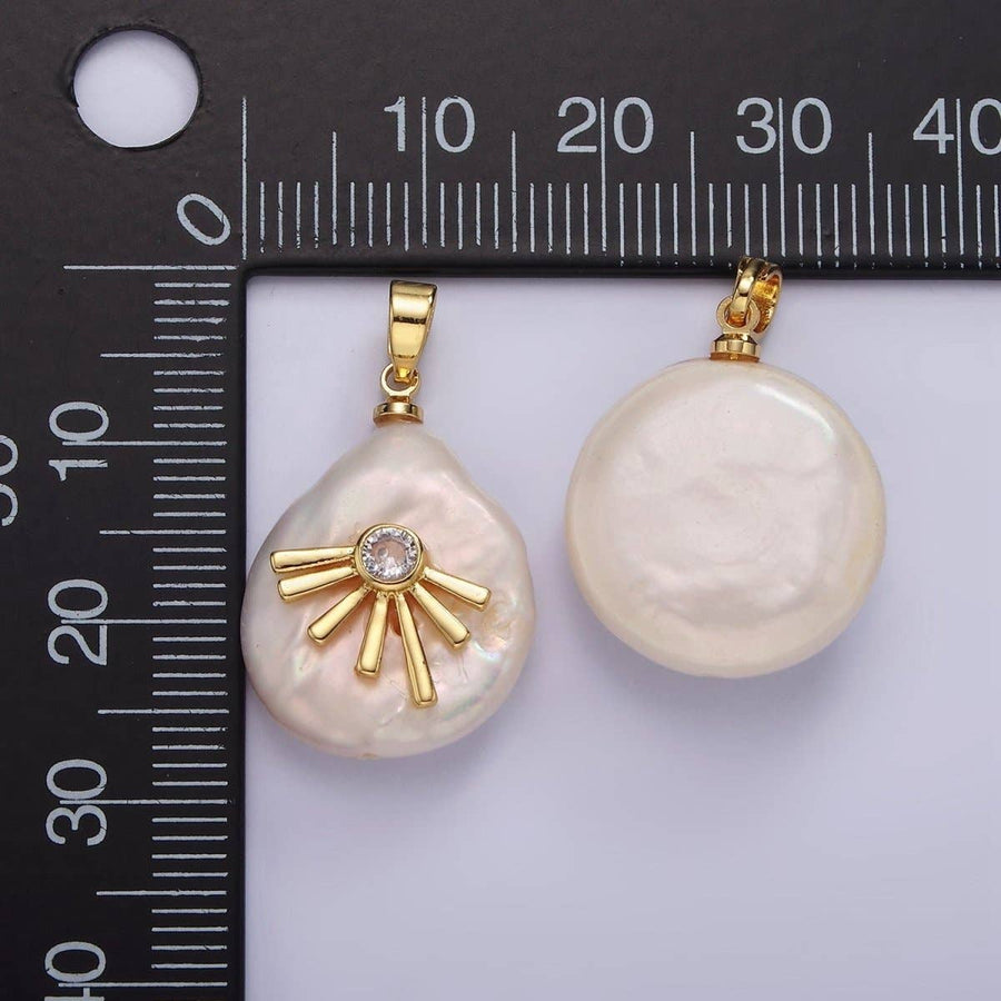 14K Gold Filled Clear CZ Celestial Sun Ray Keshi Freshwater Pearl Pendant