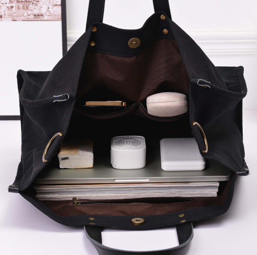 Canvas Tote Bag With Genuine Leather Top Handle