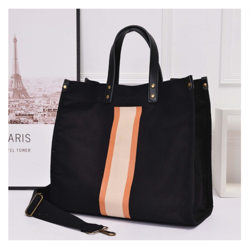 Canvas Tote Bag With Genuine Leather Top Handle