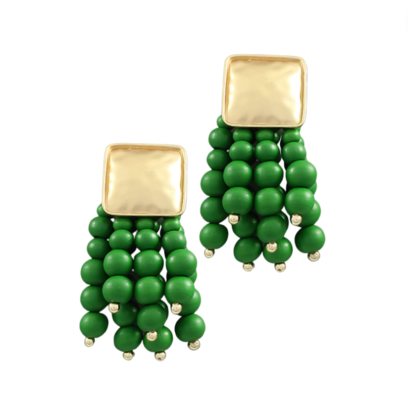 Square & Wood Fringe Earrings