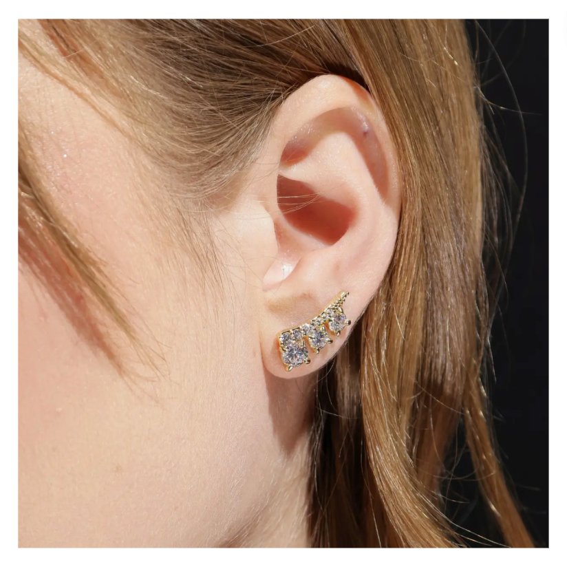 18k Gold Filled Triple Stone Clear Ear Climber Earrings  3/4 inch long.