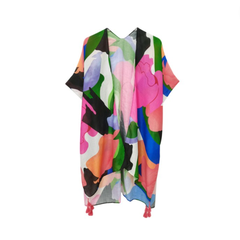 Abstract Print Kimono With Tassel Fringe