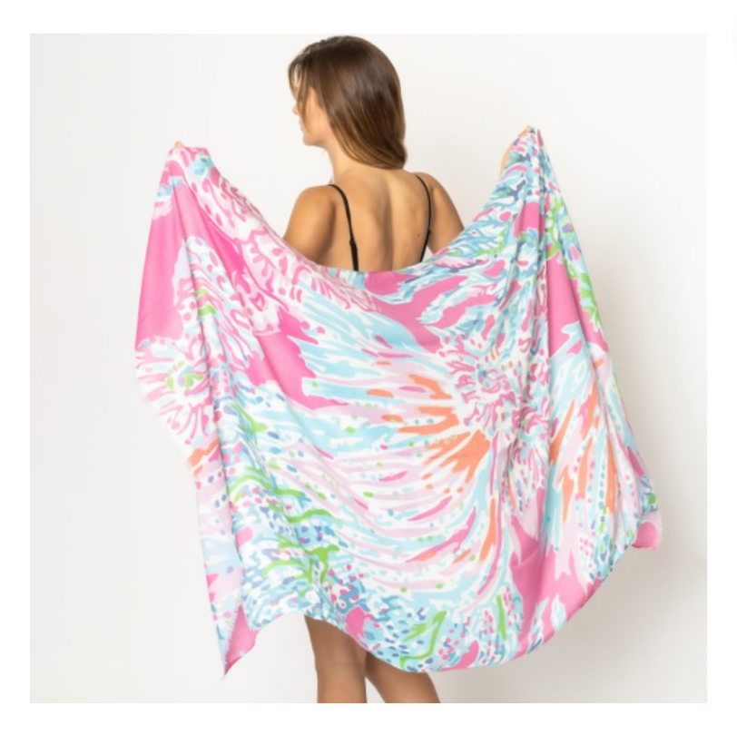 Pink Printed Abstract Floral Sarong With Fringe Hem