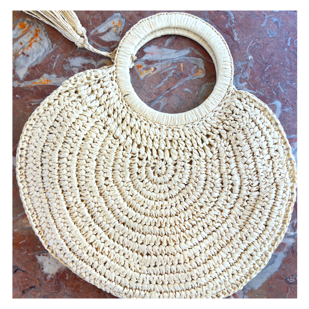 Round All Over Straw Zipper Handle Bag