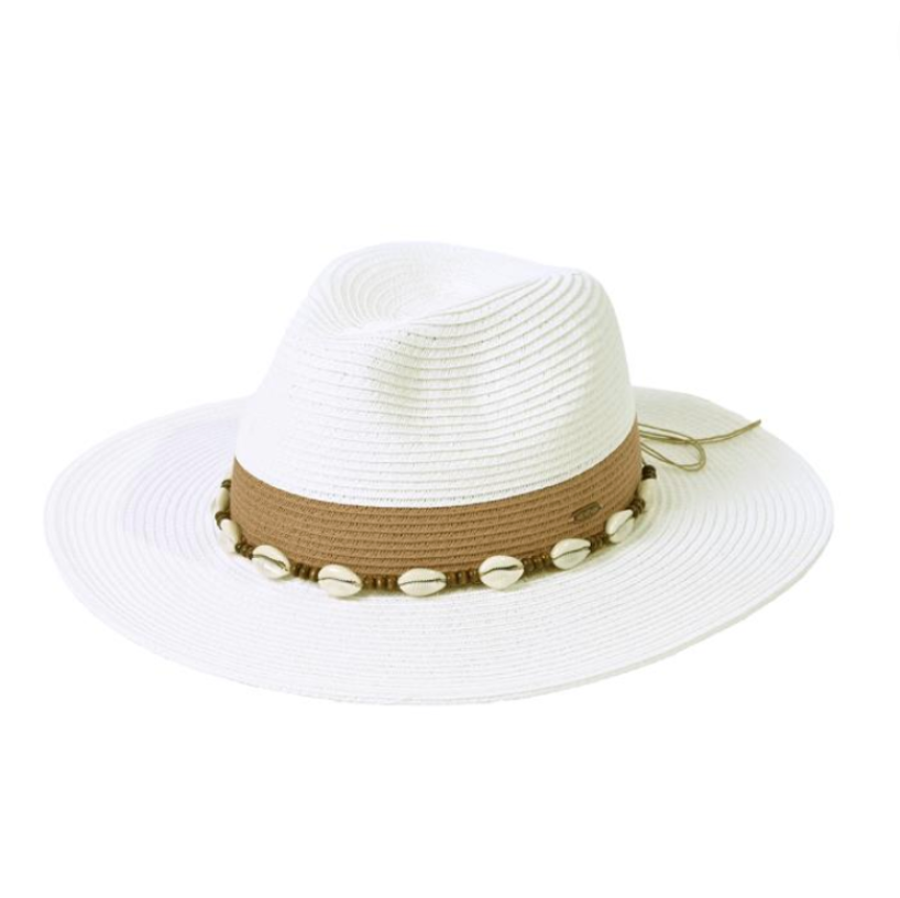 TWO-TONE COLOR BLOCK PANAMA SUN HAT WITH SHELL AND WOOD BEAD TRIM BAND