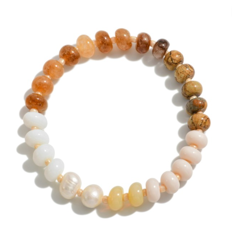 Beaded Stretch Bracelet with Pearl, Stone and Faceted Beads