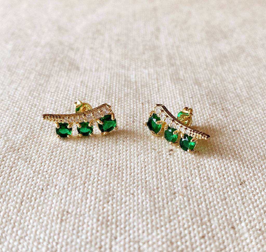 18k Gold Filled Triple Stone Emerald Ear Climber Earrings  3/4 inch long.