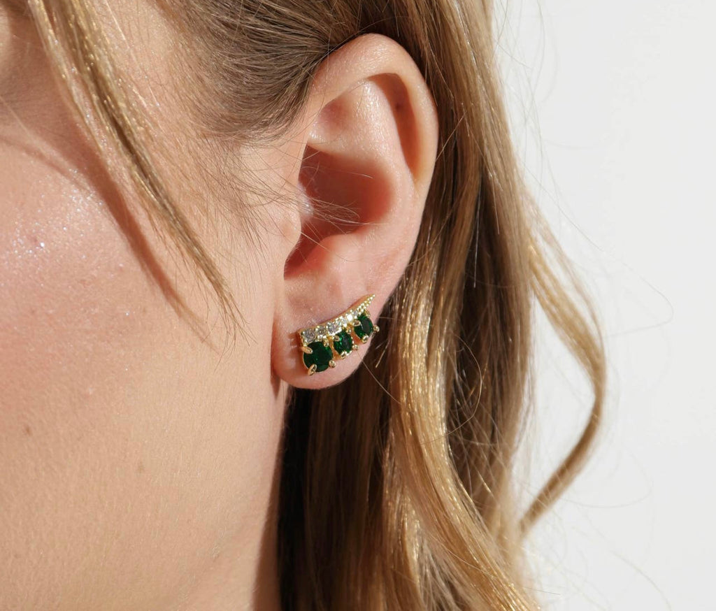 18k Gold Filled Triple Stone Emerald Ear Climber Earrings  3/4 inch long.